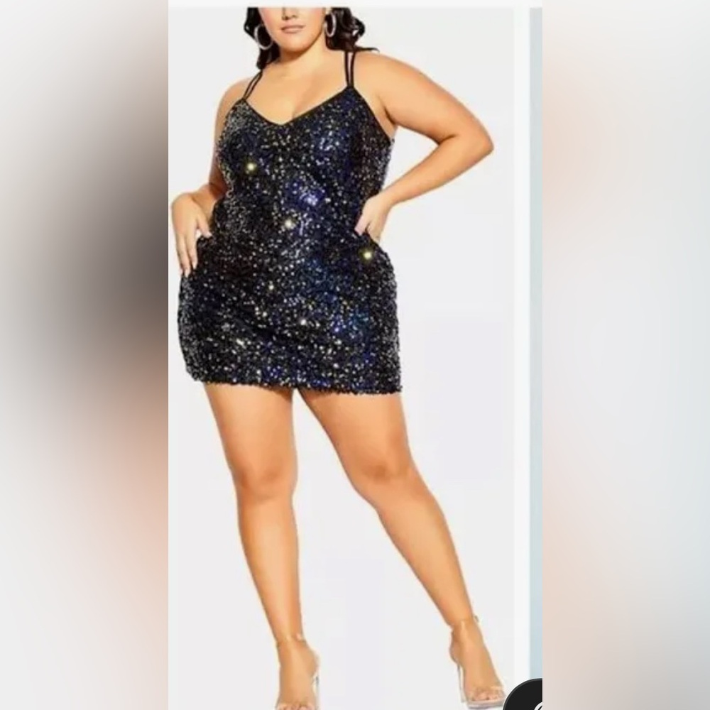 City Chic blue and gold sequin mini dress.